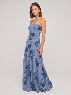 O.p.t Few Moda Dusk Garden Strapless Chiffon Floral Front Slit Maxi Dress Small